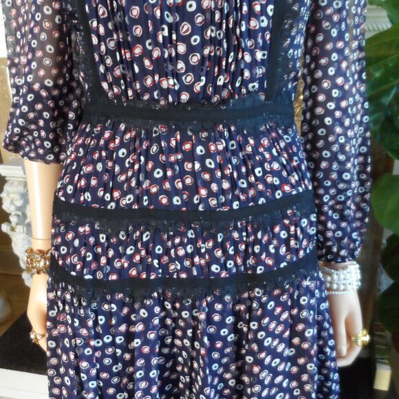 New Diane Von Furstenberg Navy Blue Multi 100% Silk Chiffon Peasant Dress Size 2 - Picture 8 of 16